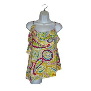 Vtg 90s Y2K Mesh Asymmetrical Cami Tank Sz Large Bright Paisley Club‎ Summer Fun